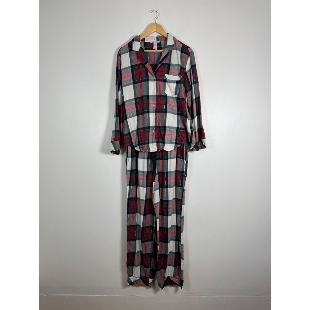 Holiday Victoria's Secret Womens M Pajama Set Red Green Plaid Metallic Flannel